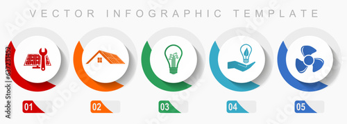 Renewable energy icon set, miscellaneous icons such as solar panel, house, light bulb and heater, flat design vector infographic template, web buttons in 5 color options
