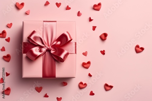 Top-view pink gift box, adorned with red bow, amid heart-filled pink background. Generative AI © Muhammad Shoaib