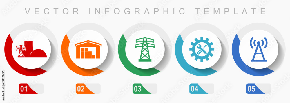 Power and energy icon set, miscellaneous icons such as power plant, warehouse, powerline, service and antenna, flat design vector infographic template, web buttons in 5 color options