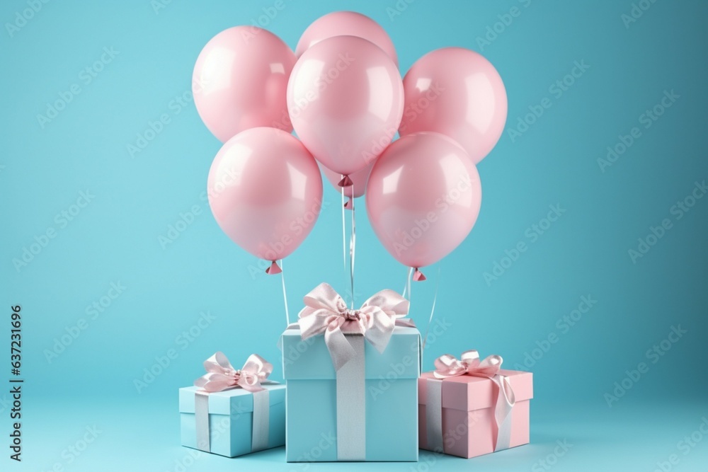 Whimsical mix: White gift box, blue ribbon, balloon against playful pink backdrop. Generative AI