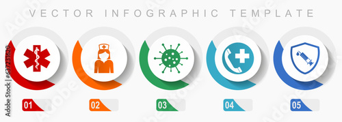 Health and medicine icon set, miscellaneous icons such as emergency, nurse, virus amd vaccine, flat design vector infographic template, web buttons in 5 color options