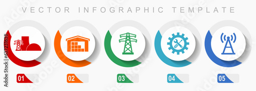Power and energy icon set, miscellaneous icons such as power plant, warehouse, powerline, service and antenna, flat design vector infographic template, web buttons in 5 color options