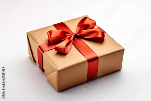 Vintage charm: Gift box with red ribbon bow, standing out on white isolation. Generative AI