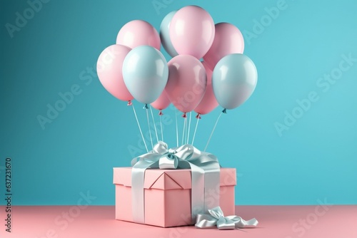 Whimsical mix: White gift box, blue ribbon, balloon against playful pink backdrop. Generative AI © Muhammad Shoaib