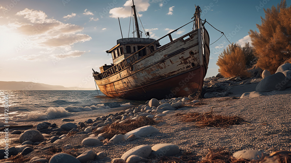 The sandy beach of Cyprus is home to an ancient, rusty ship, a silent relic of maritime history.