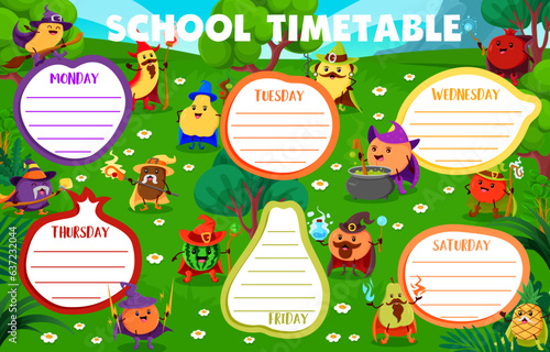 Education timetable schedule. Cartoon Halloween fruit wizards and mages. School vector weekly planner template for kids with mango, banana, quince and kiwi, orange or watermelon. Lemon, peach or pear