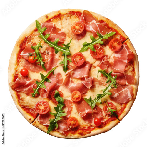 Gourmet pizza with prosciutto rocket mozzarella tomato sauce and parmigiano on a transparent background