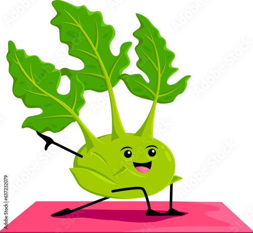 Cartoon kohlrabi vegetable character on yoga fitness sport. Playful food personage stand in asana pose, promoting wellness and health. Vector fresh veggies with fun and energetic approach to exercise