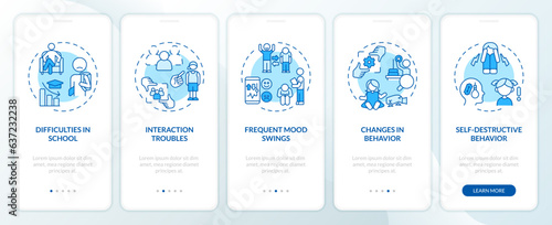 2D icons representing behavioral therapy mobile app screen set. Walkthrough 5 steps blue graphic instructions with line icons concept, UI, UX, GUI template.