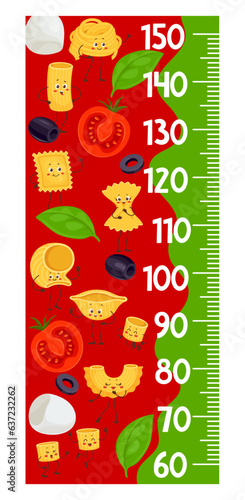 Kids height measure chart with cartoon funny italian pasta characters. Vector growth meter with spaghetti, ravioli, farfalle and rigatoni. Lumaconi giganti, creste, ditalini and conchiglie personages