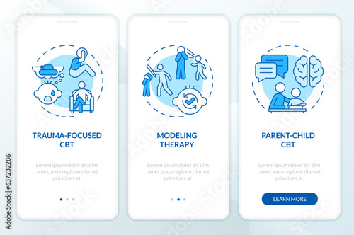 2D icons representing behavioral therapy mobile app screen set. Walkthrough 3 steps blue graphic instructions with line icons concept, UI, UX, GUI template.