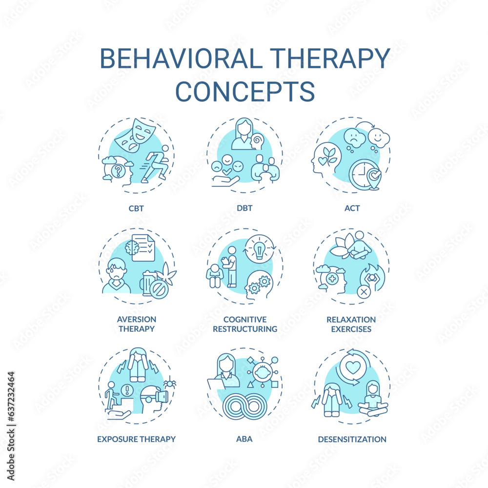 2D editable icons set representing behavioral therapy concepts, isolated vector, thin line blue illustration.