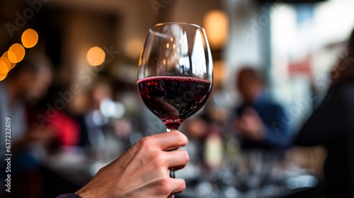 ワインで乾杯、赤ワインのワイングラスを持つ手のアップ