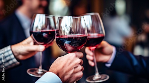 ワインでの乾杯、赤ワインが注がれたワイングラスと手のアップ