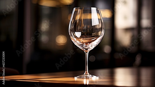 ワイングラスのアップ、テーブルに置かれた空のグラス photo