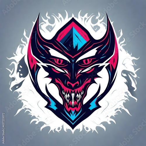 A logo for a business or sports team featuring an abstract fictional fantasy demon devil head that is suitable for a t-shirt graphic.