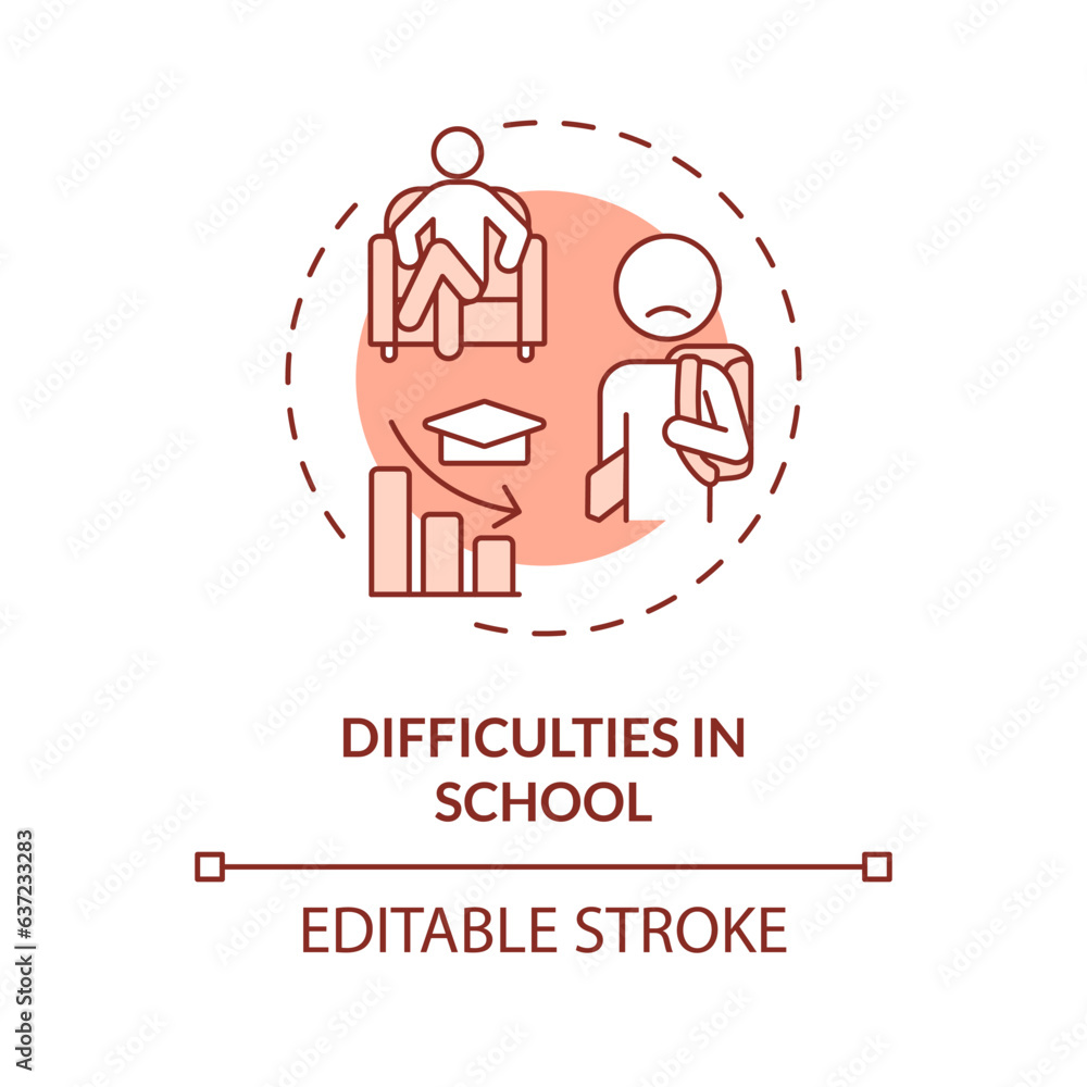 2D editable difficulties in school red thin line icon concept, isolated vector, monochromatic illustration representing behavioral therapy. 2D editable difficulties in school red thin line icon concept, isolated vector, monochromatic illustration representing behavioral therapy.