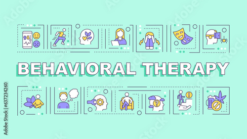 Behavioral therapy text with various thin linear icons concept on green monochromatic background, editable 2D vector illustration.