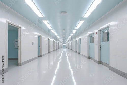 Hospital corridor with shinny floor and bright light, interior of modern hospital hallway, hygiene and hi-tech science lab, no people healthcare background.