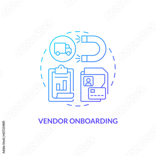 2D vendor onboarding gradient thin line icon concept, isolated vector, blue illustration representing vendor management.