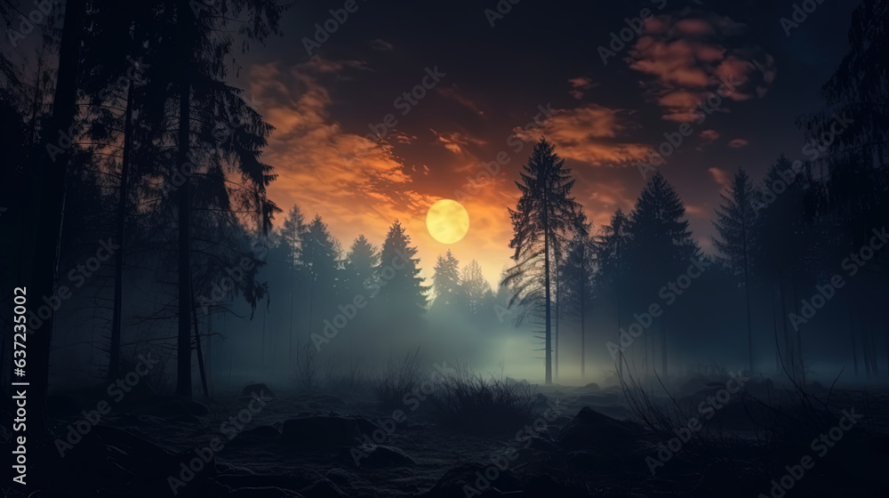 Mystical foggy forest with pine trees under night sky and stars. Generative AI.