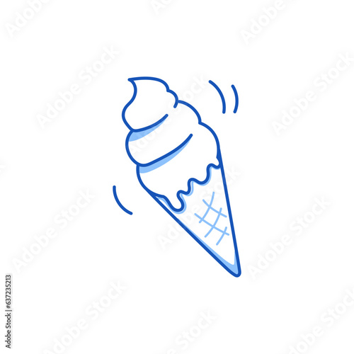 Ice cream cone waffle doodle. Hand drawn sketch doodle style ice cream cone. Blue pen line stroke isolated element. Summer dessert concept. Vector illustration.