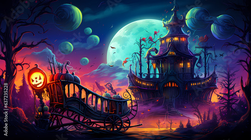 Halloween background with scary castle haunted ,Halloween background with Evil Pumpkin. Spooky scary dark Night forrest. Holiday event halloween banner background concept