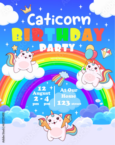 Birthday party flyer. Magic cute caticorn cat and kitten characters on rainbow. Vector invitational poster template. Kids card with kawaii magic feline unicorn fantasy animal on heaven with clouds