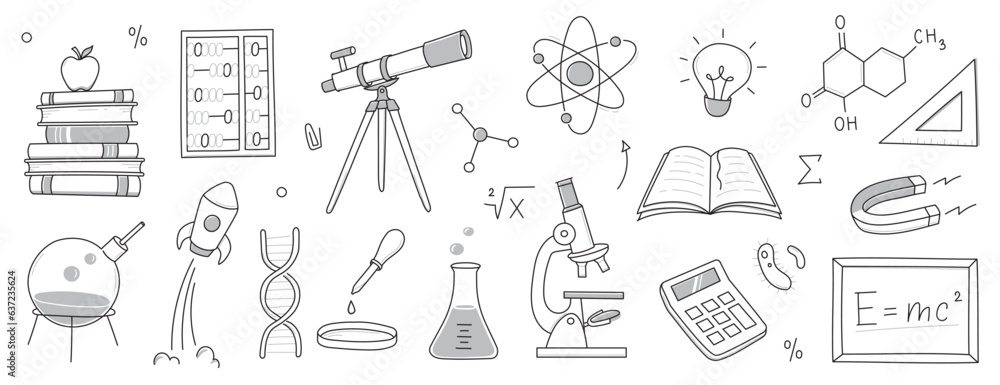 Doodle science, education school icon. Hand drawn sketch style doodle science background. School chemistry, physics education, biology concept icon. Hand drawn line vector illustration. Doodle science, education school icon. Hand drawn sketch style doodle science background. School chemistry, physics education, biology concept icon. Hand drawn line vector illustration.