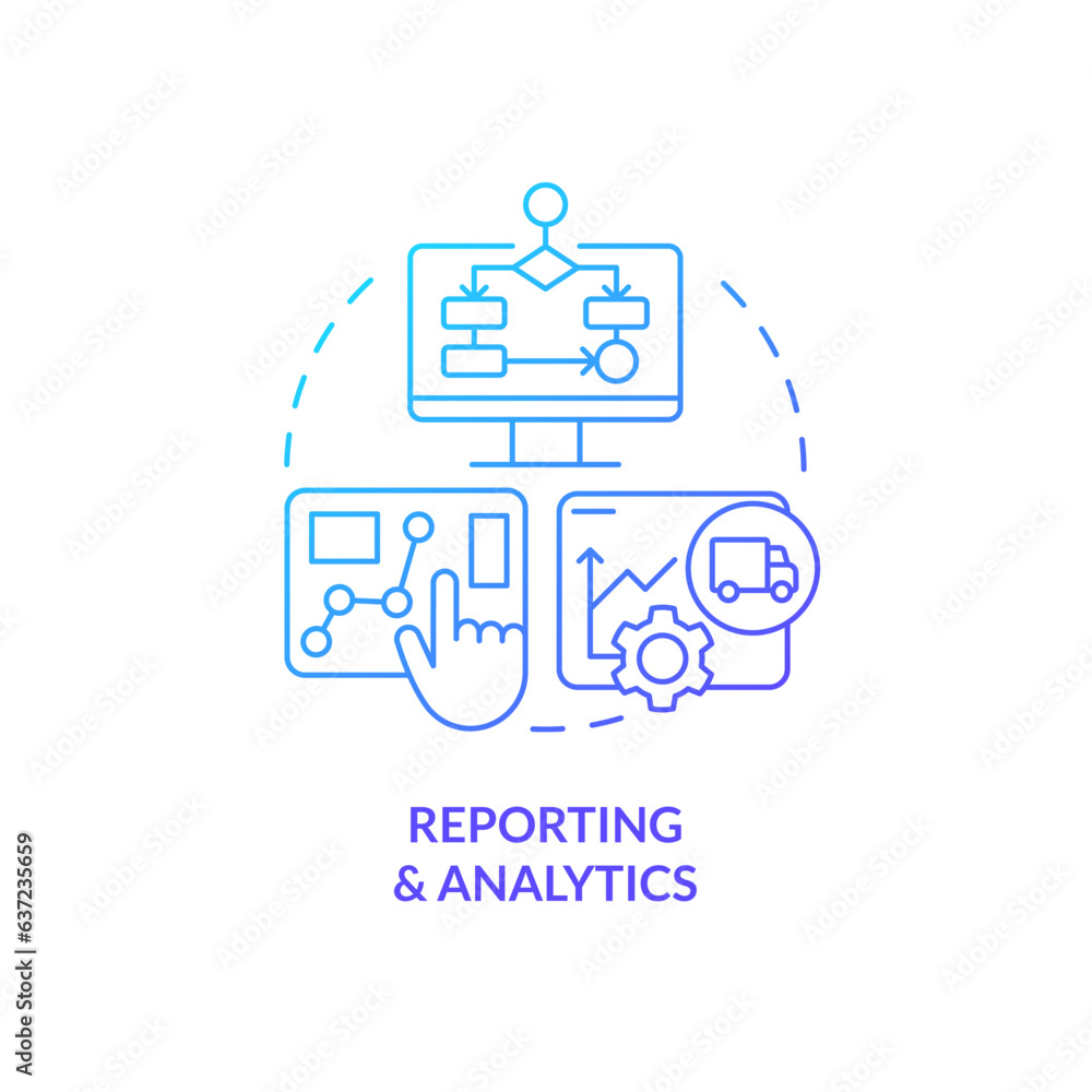 2D reporting and analytics gradient thin line icon concept, isolated vector, blue illustration representing vendor management. 2D reporting and analytics gradient thin line icon concept, isolated vector, blue illustration representing vendor management.