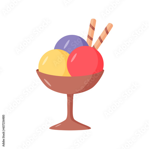 Ice cream in creamers and baskets. Vector illustration of summer refreshing dessert. Icon for the cafe restaurant menu. Single color isolate on white.