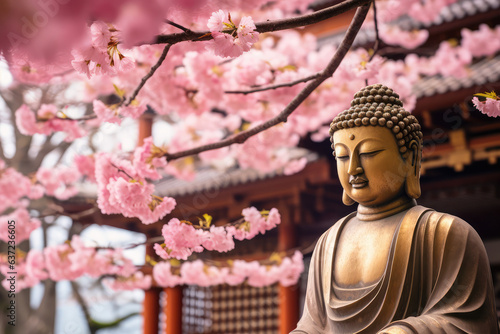 gold buddha statue and cherry blossom, generative AI 