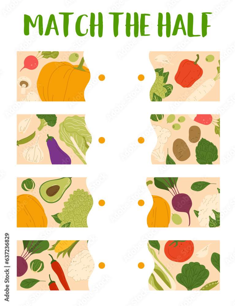 Match the half of harvest raw vegetables. Piece connect riddle or puzzle game vector worksheet with cartoon pumpkin, romanesco cabbage, potato and radish, mushroom, eggplant farm ripe vegetables
