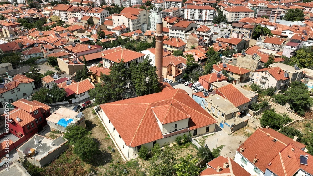 Aerial view of Akşehir district of Konya. Akşehir Ulu Mosque was built in 1213 during the Anatolian Seljuk period.