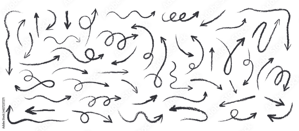 A set of arrows drawn in crayon or charcoal. Various hand drawn elements with a pastel pencil texture. Fun doodles, grunge swirling lines, scribble or swooshes markers, vector illustration A set of arrows drawn in crayon or charcoal. Various hand drawn elements with a pastel pencil texture. Fun doodles, grunge swirling lines, scribble or swooshes markers, vector illustration