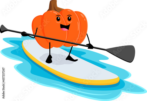 Cartoon cheerful pumpkin vegetable character riding a stand up paddleboard on summer beach vacation. Happy ripe gourd personage with a big smile, showcasing fun-loving attitude and adventurous spirit