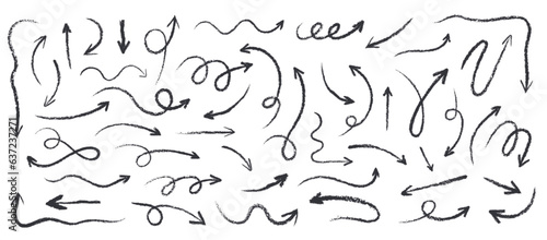 A set of arrows drawn in crayon or charcoal. Various hand drawn elements with a pastel pencil texture. Fun doodles, grunge swirling lines, scribble or swooshes markers, vector illustration