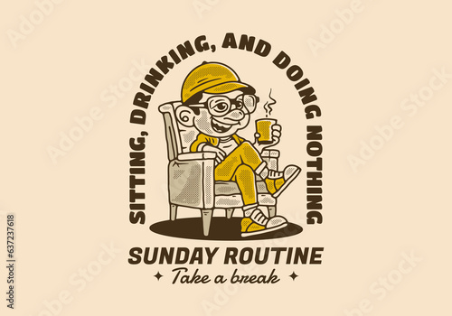 Sunday routine, sitting drinking and doing nothing, a man relaxing on a chair and holding a cup of coffee