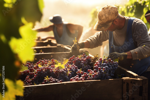 Man winemaker in his vineyard during wine harvest putting a grape to box, harvest wine grape concept