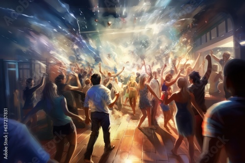 Vibrant nightlife disco with illuminated crowd dancing, lasers, and confetti. Entertainment and energetic atmosphere.