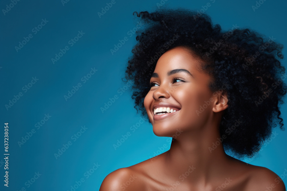 Portrait of a Beautiful Woman with Radiant Skin Black Woman Blue Background Portrait of a Beautiful Woman with Radiant Skin Black Woman Blue Background