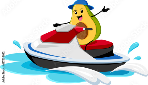 Cartoon avocado character riding water bike on summer vacation. Isolated vector vegetable personage indulging in outdoor recreation and relaxation at sea unwinding by ocean during holidays