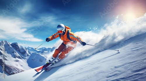 Skier in mountains, prepared piste and sunny day © Suleyman