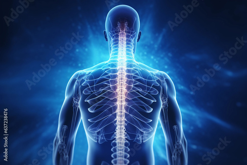 Man with spine pain and back pain, in the style of light indigo and white, modern, utilizes