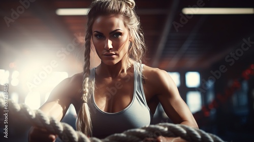 Woman doing battle rope workout at gym © Suleyman