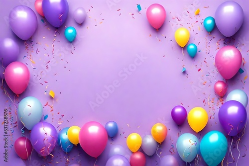 Beautiful happy birthday colorful balloons and confetti on a purple background - AI Generative