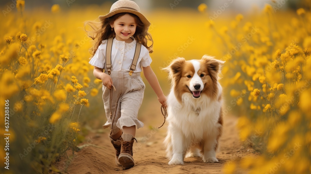 Cute little girl with flowers in hand walking adorable dog on blooming field Cute little girl with flowers in hand walking adorable dog on blooming field