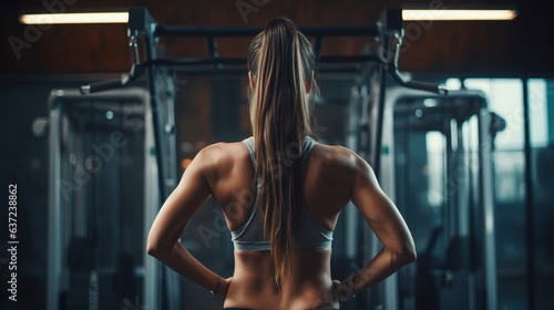 Fitness woman working out in gym doing exercise for back. Athletic girl doing lat pulldown