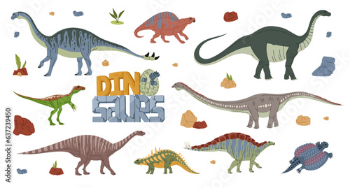 Fototapeta Naklejka Na Ścianę i Meble -  Cartoon dinosaur characters, vector prehistoric monster animals and cute baby dino personages. Happy melanorosaurus, eoraptor, henodus and lotosaurus, shunosaurus, wuerhosaurus, apatosaurus dinosaurs