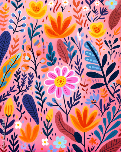 Drawing of bright flowers on a pink background, generative ai